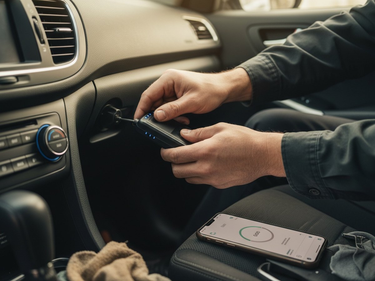 Branchement d'un boîtier OBD2 sur la prise diagnostic d'une voiture hybride d'occasion