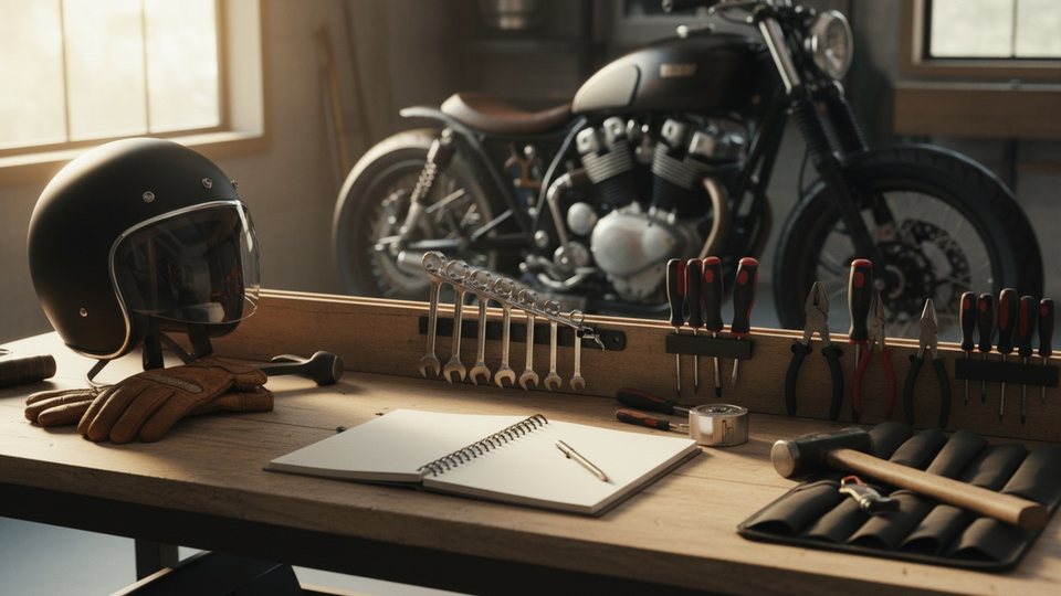 Établi d'atelier avec des outils, un casque de moto posé et un carnet d'entretien ouvert